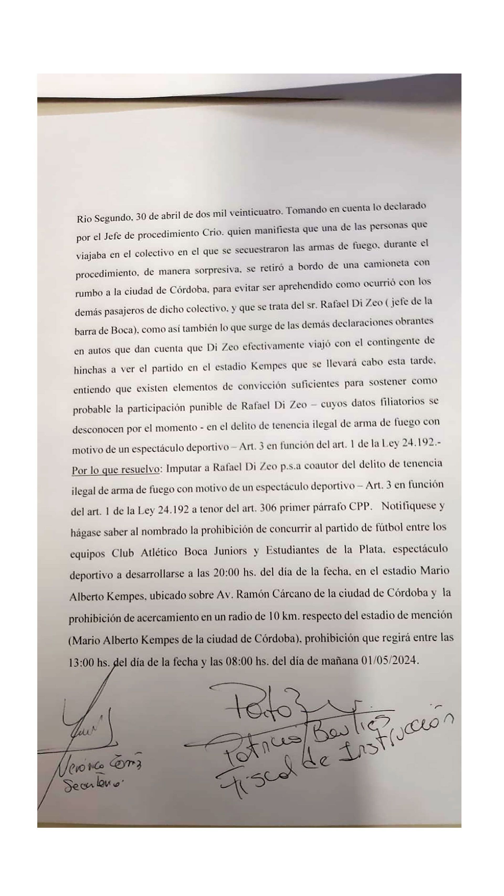 documento sobre la causa que le iniciaron a Rafa Di Zeo en Córdoba