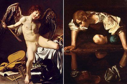"El amor victorioso" (1601–1602) en Gemäldegalerie de Berlín y "Narciso" (1597–1599), en Galería Nacional de Arte Antiguo, Roma