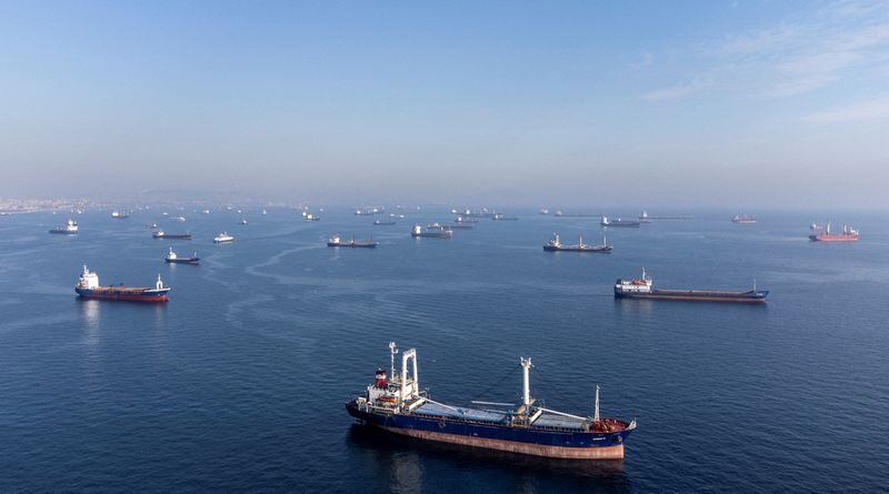 Buques mercantes, entre los que se incluyen varios sujetos al acuerdo de granos del mar Negro, esperan para cruzar el estrecho del Bósforo frebte a la costa de Yenikapi, en Estambul, Turquía. REUTERS/Umit Bektas