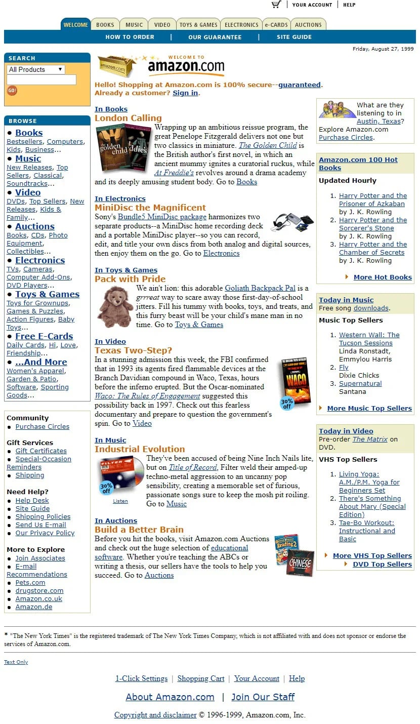 Página web de Amazon en 1999. (Web Design Museum)