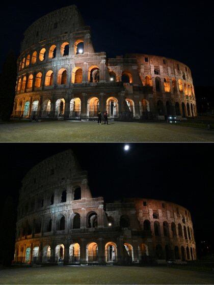 El Coliseo en Roma el 27 de marzo de 2021 antes (Arriba) y después (Abajo) de que se apaguen las luces para la Hora del Planeta
