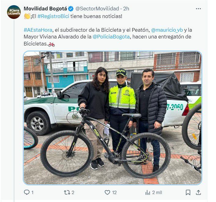 Más de 200 bicicletas hurtadas se han recuperado en Bogotá durante 2024 - crédito @MovilidadBogota