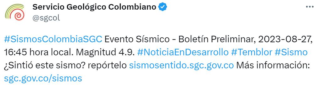 El Servicio Geológico Colombiano confirmó un sismo magnitud 4.9 en Chocó - crédito SGC / Twitter