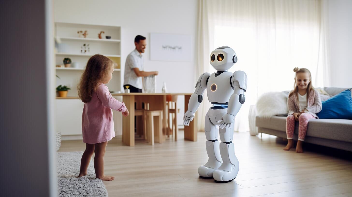 Imagen que ilustra robots interactuando con niños en casa, ejemplificando la inteligencia artificial en el ámbito doméstico. Una visión del futuro que mezcla tecnología y experiencias infantiles. (Imagen ilustrativa Infobae)