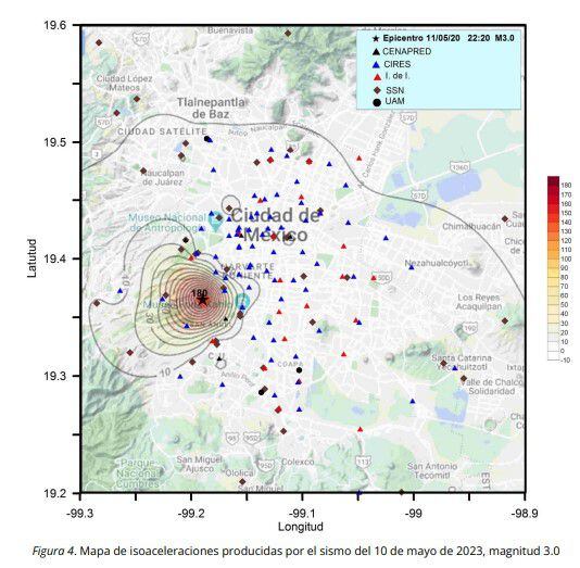 This figure shows the isoaceleration map for the earthquake of May 10 in CDMX (ssn.unam.mx)