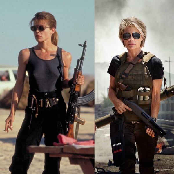 Linda Hamilton en Terminator 2 (1991) a la izquierda
