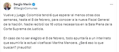 Sergio Marín, congresista de Comunes indicó a que todo apunta a que habrá fiscal interina, mientras la Corte decide - crédito @SergioComunes / X