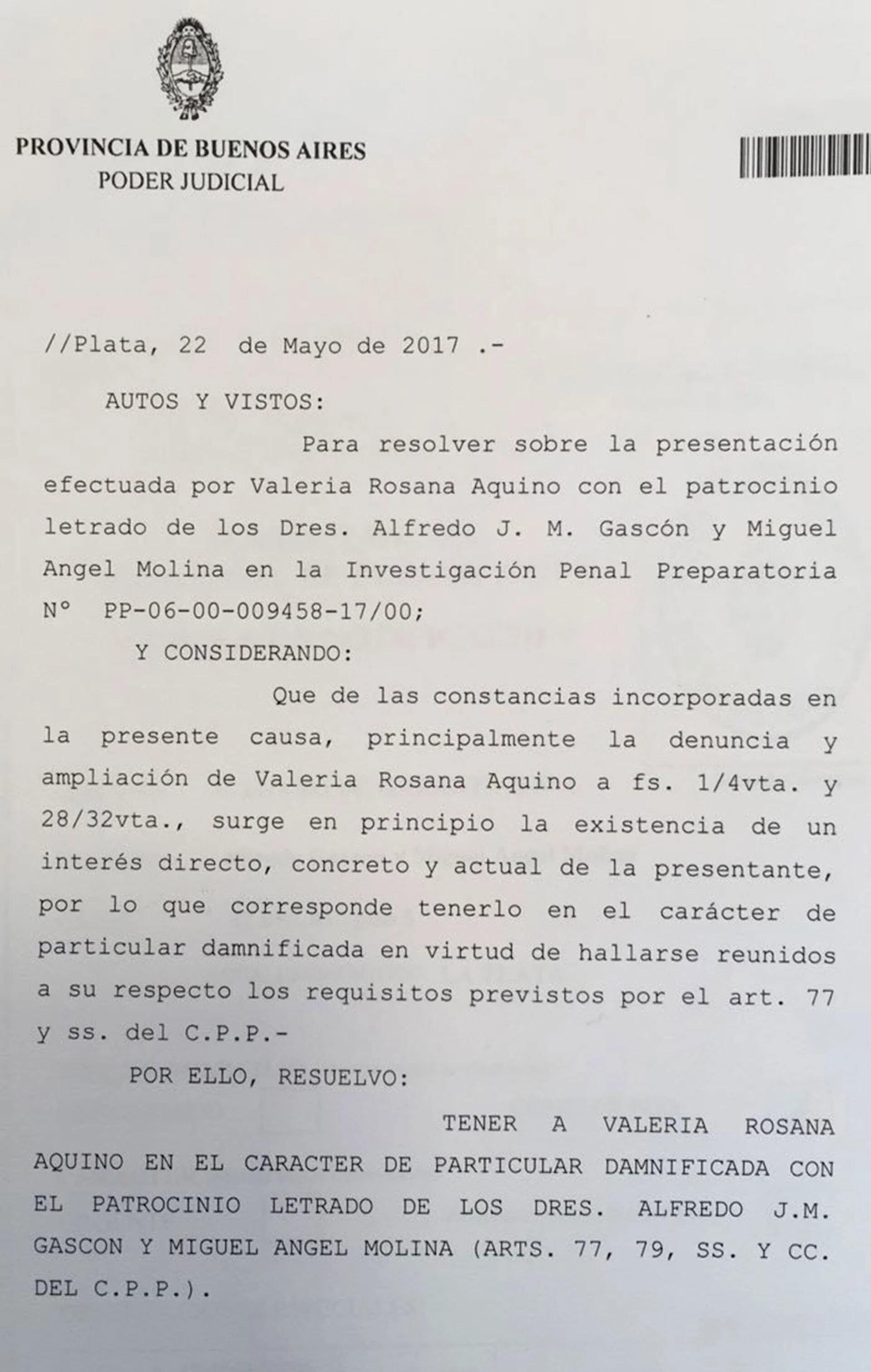 El documento judicial donde Valeria Aquino ya figura como querellante en la causa donde denunció a El Polaco (en provincia de Buenos Aires, se denomina particular damnificada)