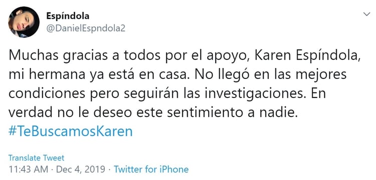 Daniel Espíndola, hermano de Karen, confirmó la aparición de su hermana (Foto: Twitter)