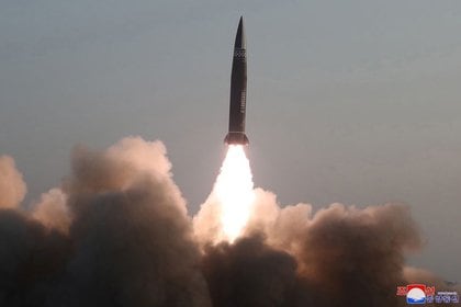 New Class Tactical Guided Missile, according to the Korean Central News Agency, launched on March 25, 2021, Pyongyang, North Korea, March 26, 2021. (Reuters) / The Korean Central News Agency (KCNA)