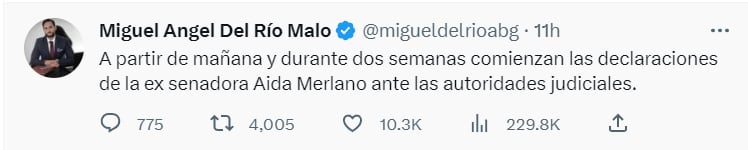 Menciones del abogado Miguel Angel Del Río Malo respecto al caso su cliente la excongresista Aida Merlano. @migueldelrioabg. Twitter