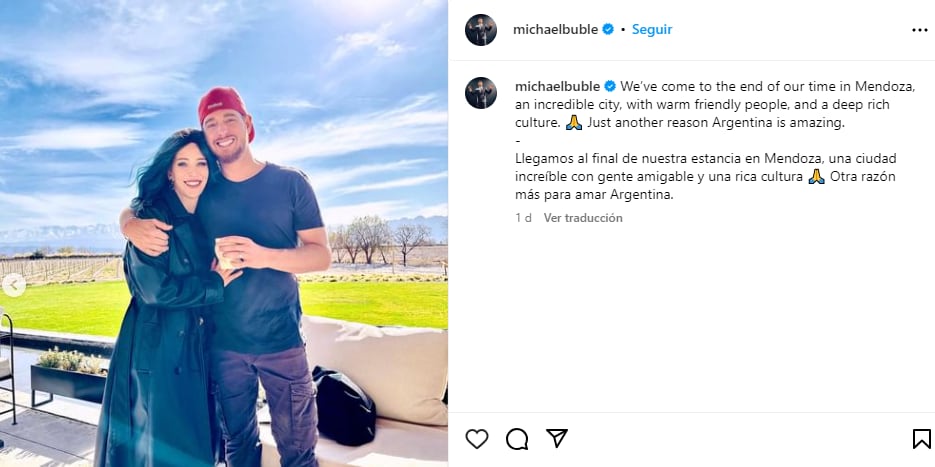 La publicación de Michael Bublé desde Mendoza (Instagram)