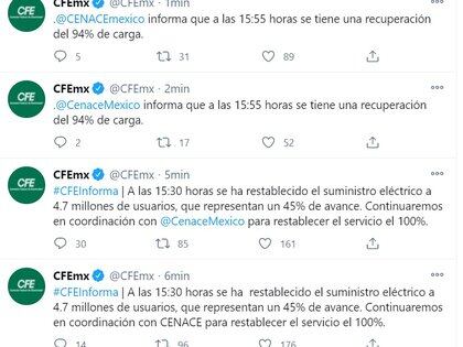 CFE también se expresó en Twitter sobre el apagón masivo