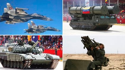 Algunas de las armas rusas más importantes del arsenal venezolano (en sentido horario): cazas Sukhoi Su-30, misiles S-300, tanques T-72 y lanzadores portátiles Igla-S