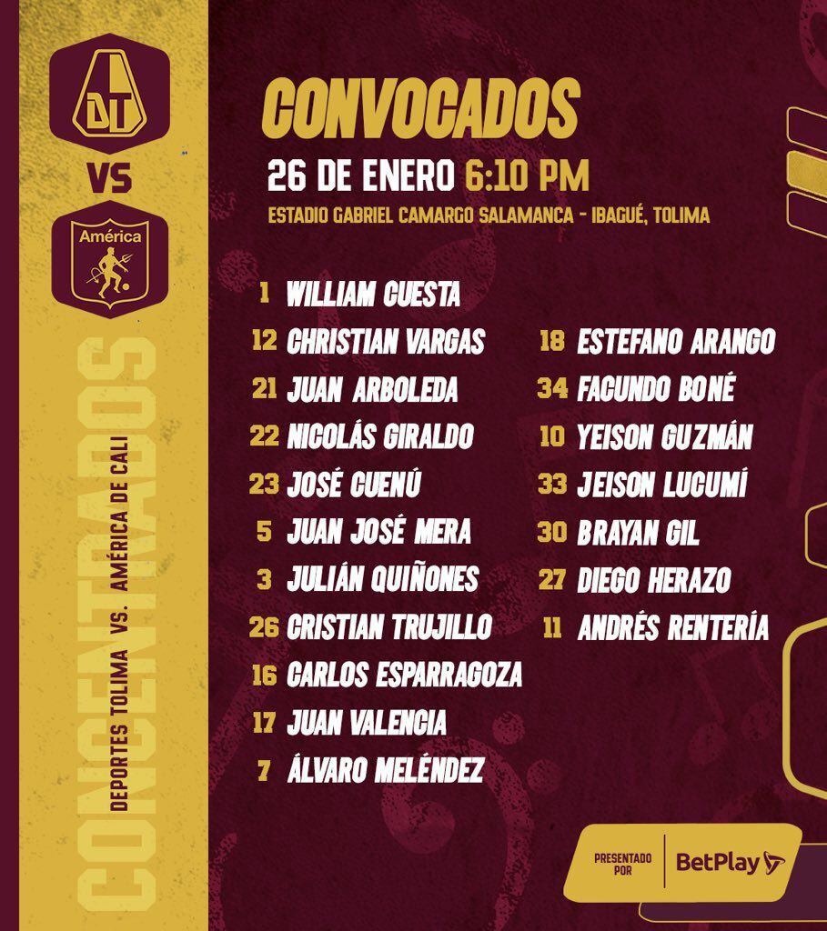 Lista de convocados por Hernán Torres para el primer partido del Deportes Tolima por la Liga Betplay 2023/I (@cdtolima/Twitter)