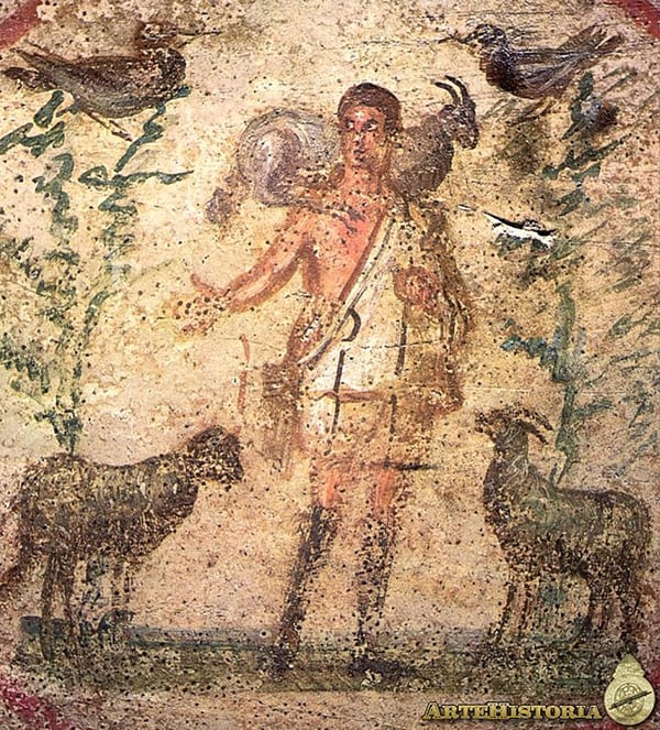 Primitiva iconografía cristiana: imagen de Jesús hallada en las catacumbas romanas, representado como Apolo