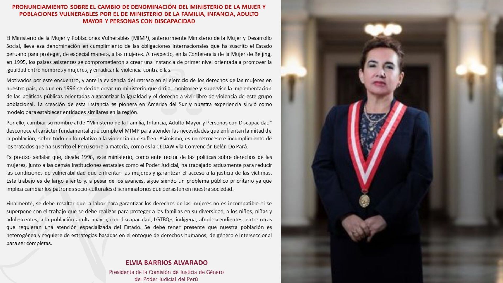 Poder Judicial - Elvia Barrios - Cambio de nombre del Ministerio de Mujer