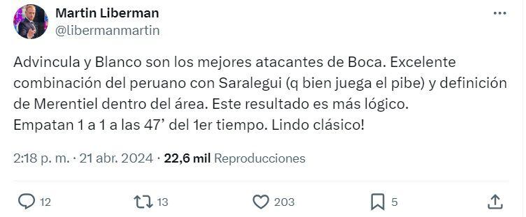 Martín Liberman y su tuit sobre Luis Advíncula en Boca Juniors vs River Plate por Copa de la Liga Argentina 2024.