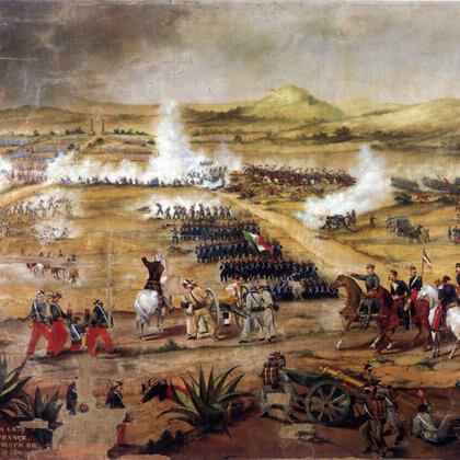 Anónimo, Batalla del 5 de mayo de 1862, óleo sobre tela, Museo Nacional de las Intervenciones, Exconvento de Churubusco, INAH. Imagen tomada del libro: Eduardo Báez, La pintura militar en el siglo XIX, México, Secretaría de la Defensa Nacional, 1992, p. 1