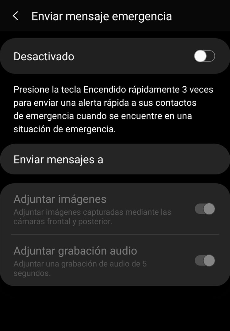 Dentro del menú ajustes y dentro de las opciones Funciones avanzadas se activa la opción para enviar mensajes de emergencia.