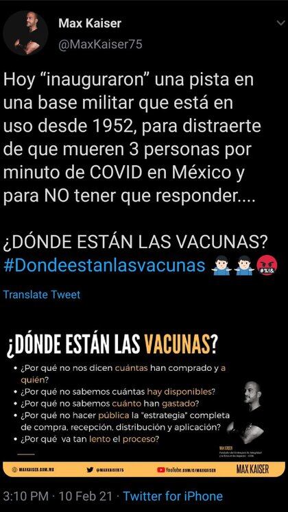 La críticas del exmandatario siguieron, pero ahora con el tema de la gestión por Covid-19 (Foto: Twitter@/MaxKaiser75)