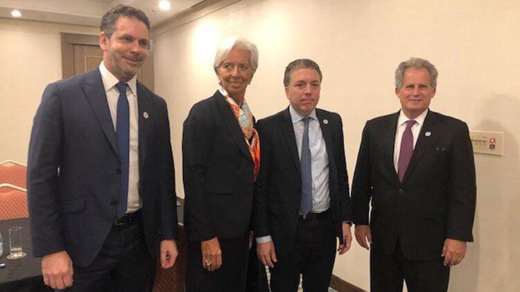Sandleris, Lagarde, Dujovne y Lipton, la semana pasada, en la reuniÃ³n de ministros de Finanzas del G20 de JapÃ³n