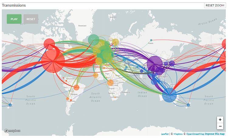 En el mapa se puede observar claramente de dónde provienen los 3 genomas secuenciados. Uno pertenece a China, uno a Europa y otro a Estados Unidos. (Nextstrain)