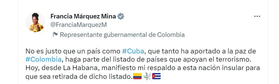Francia Márquez pide a EE. UU. retirar a Cuba de países promotores de terrorismo