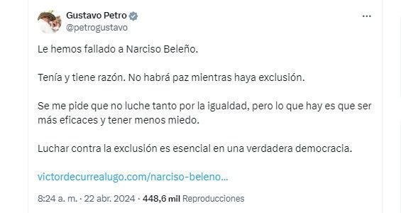 El presidente Gustavo Petro lamentó la muerte de Narciso Beleño - crédito captura de pantalla