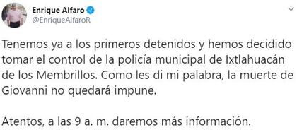 El gobernador de Jalisco anunció que han decidido tomar el control de la policía de Ixtlahuacán (Foto: Twitter/EnriqueAlfaroR)