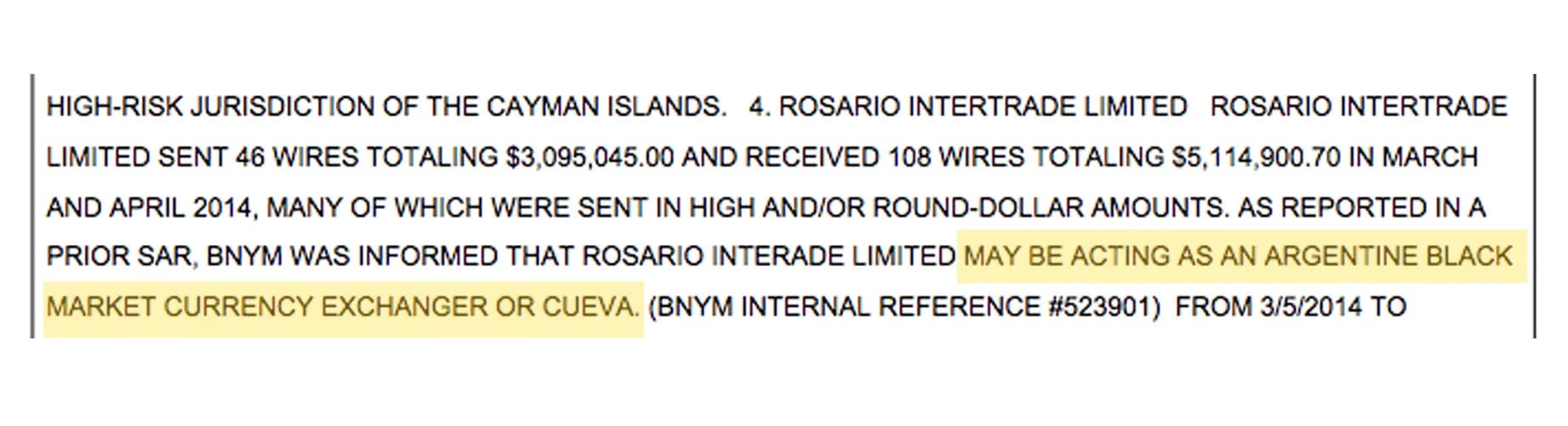 El SAR emitido por la FinCEN en julio de 2014 donde identifica a Rosario Intertrade como una "cueva" (sic).