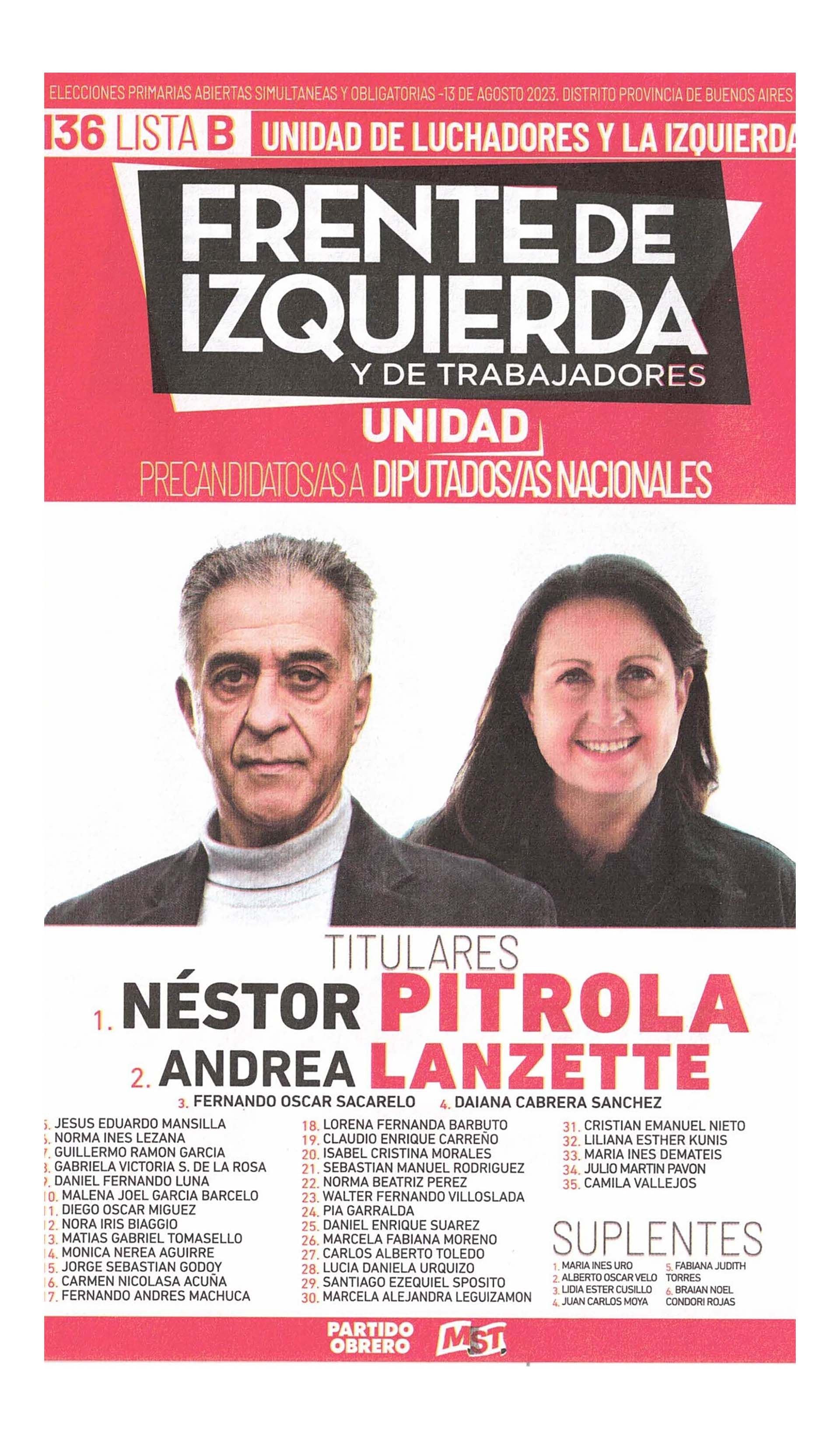 La boleta oficial de Néstor Pitrola de precandidatos a diputados nacionales de Buenos Aires