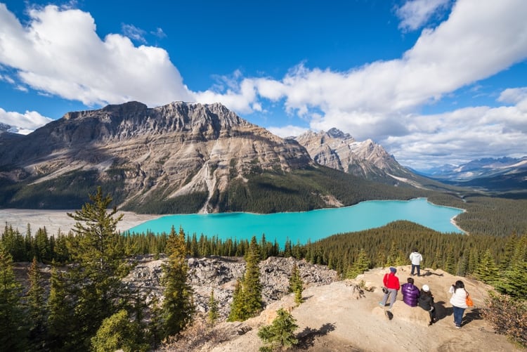 Peyto Lake, un lago alimentado por glaciares en el famoso Parque Nacional Banff de Canadá, es conocido por su impresionante tono azul. Junto con los pintorescos alrededores de las Canadian Rockies, el Lago Peyto es una visita obligada para cualquier entusiasta de la naturaleza