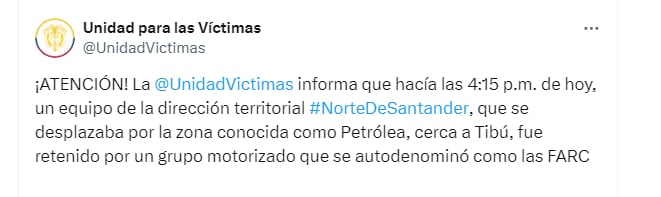 La Unidad de Víctimas confirmó el secuestro de una de sus directoras territoriales - crédito @UnidadVictimas/X