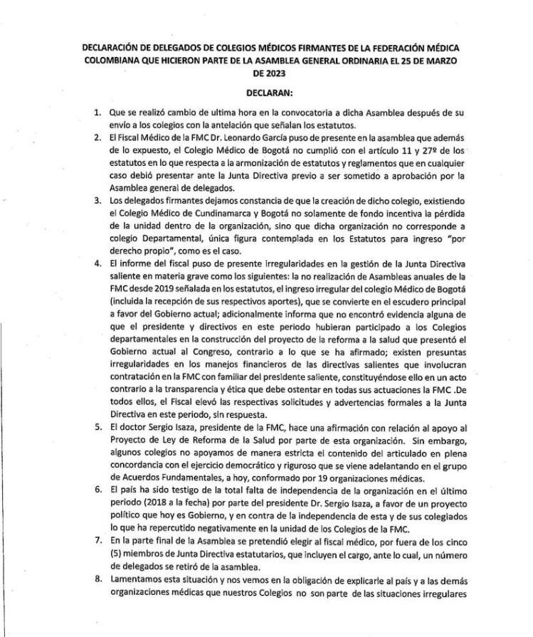 Documento de los cuatro colegios médicos que rechazan que la reforma a la salud tenga apoyo estricto de la Federación Médica de Colombia.