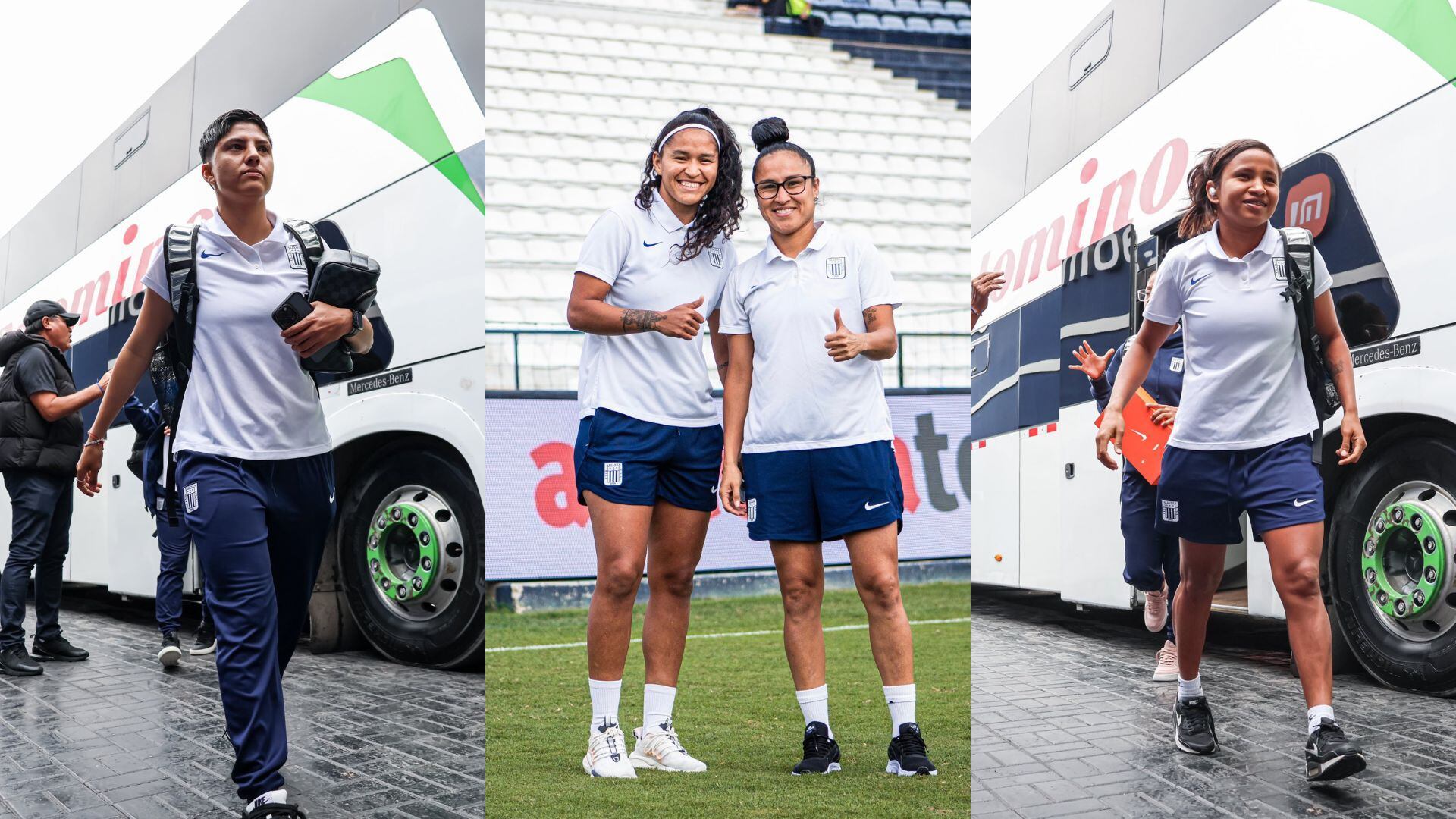 Jugadoras de Alianza Lima femenino bajando del bus en Matute.
