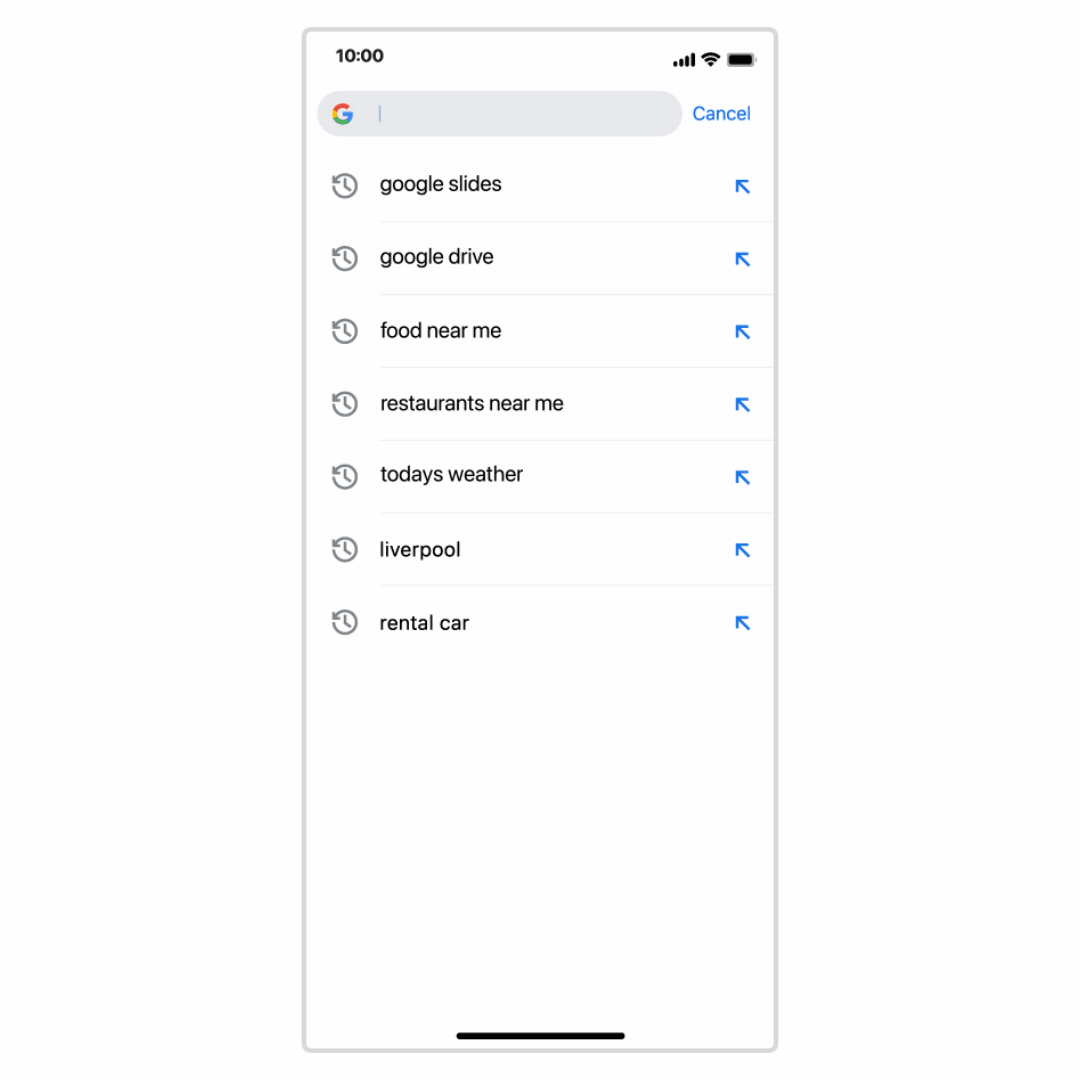 De esta forma se muestran las sugerencias de busqueda en iOS. (Google)
