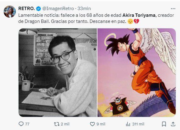 Muere Akira Toriyama: Fallece a los 68 años Akira Toriyama, creador de ‘Dragon Ball’. (Captura: 'X')