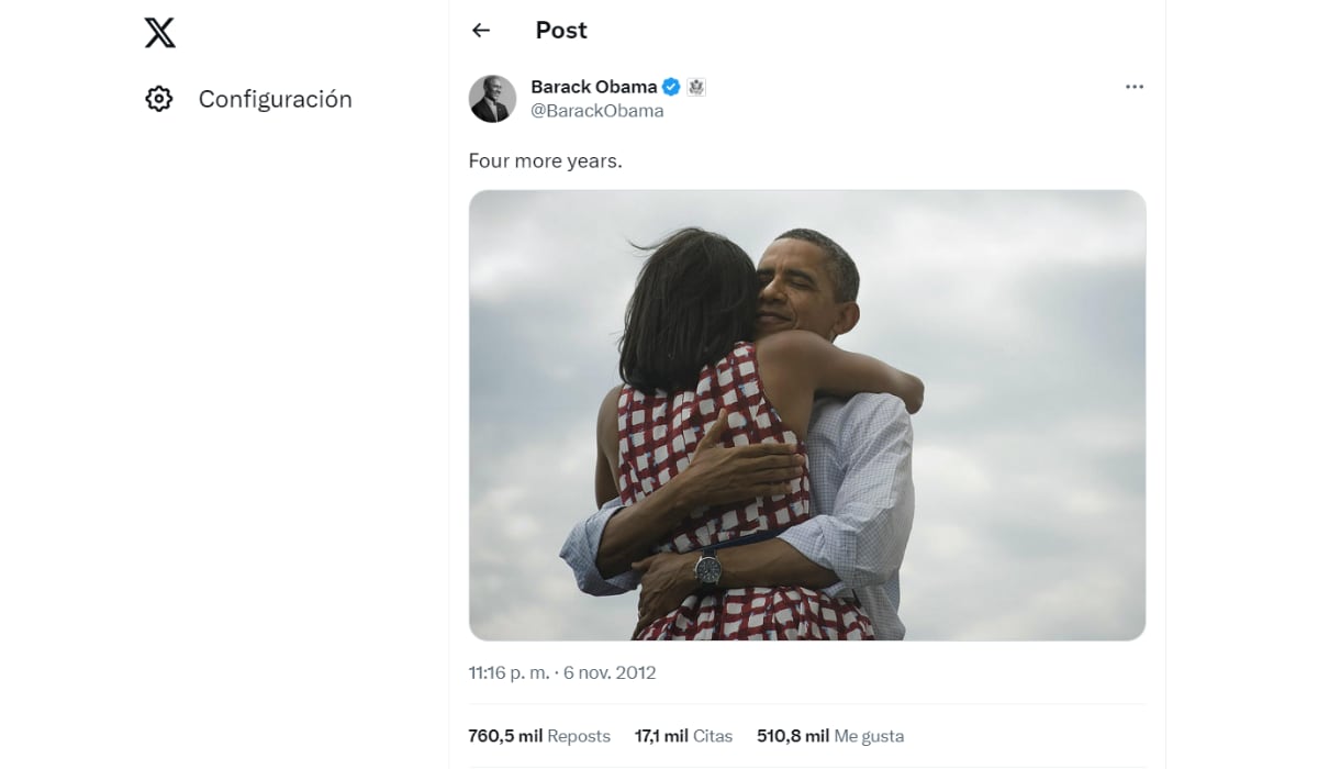 Imagen que se publicó en la cuenta del presidente Barack Obama después de ganar su campaña de reelección de 2012 (Captura de pantalla de Twitter.com)