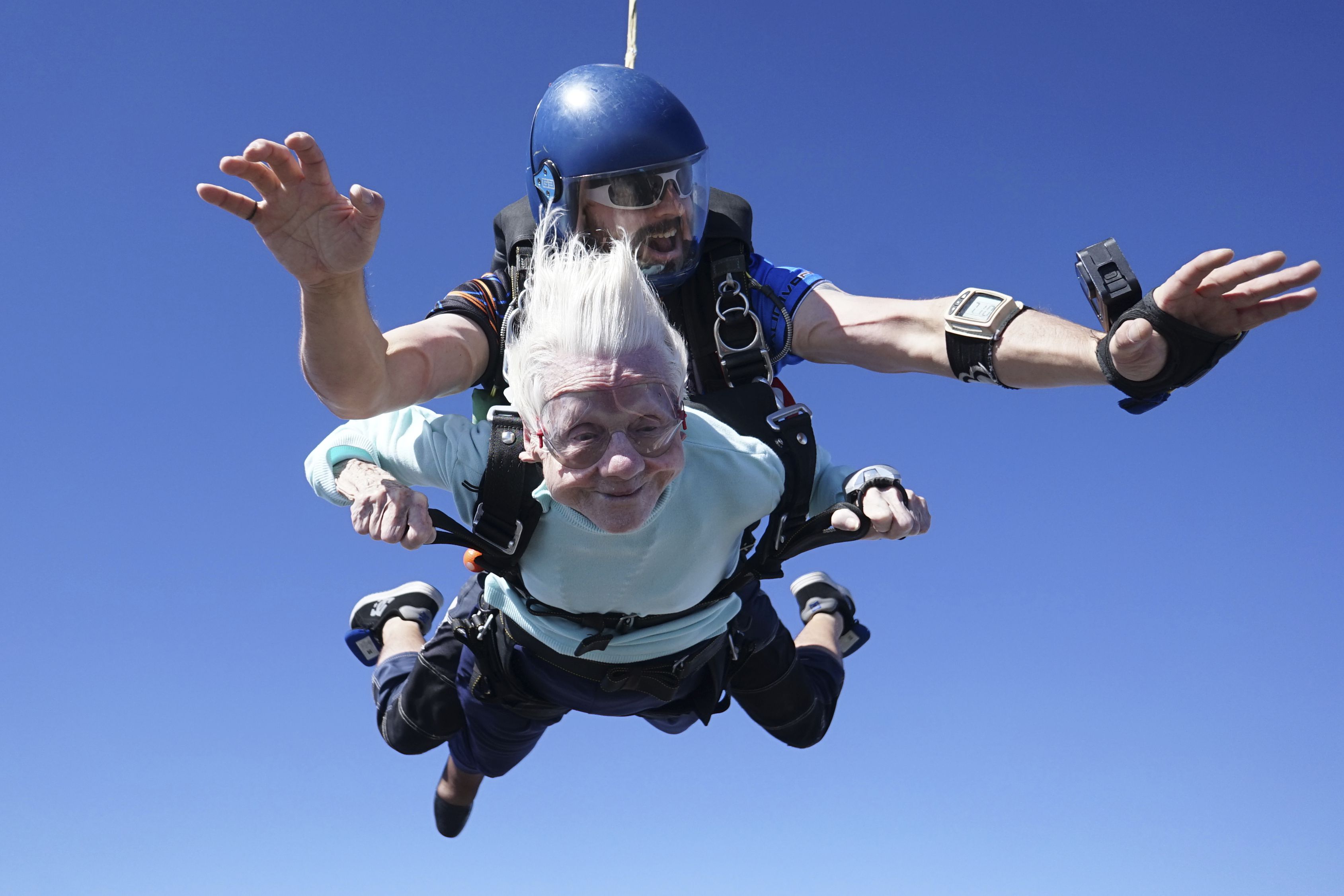 Dorothy Hoffner during her skydive with instructor Derek Baxter that made her the oldest person in the world to do so (Daniel Wilsey via AP)