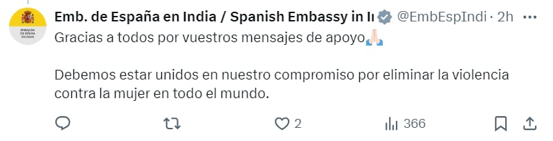 Tuit de la embajada de España en la India en referencia al ataque del matrimonio español (@EmbEspIndi/X)