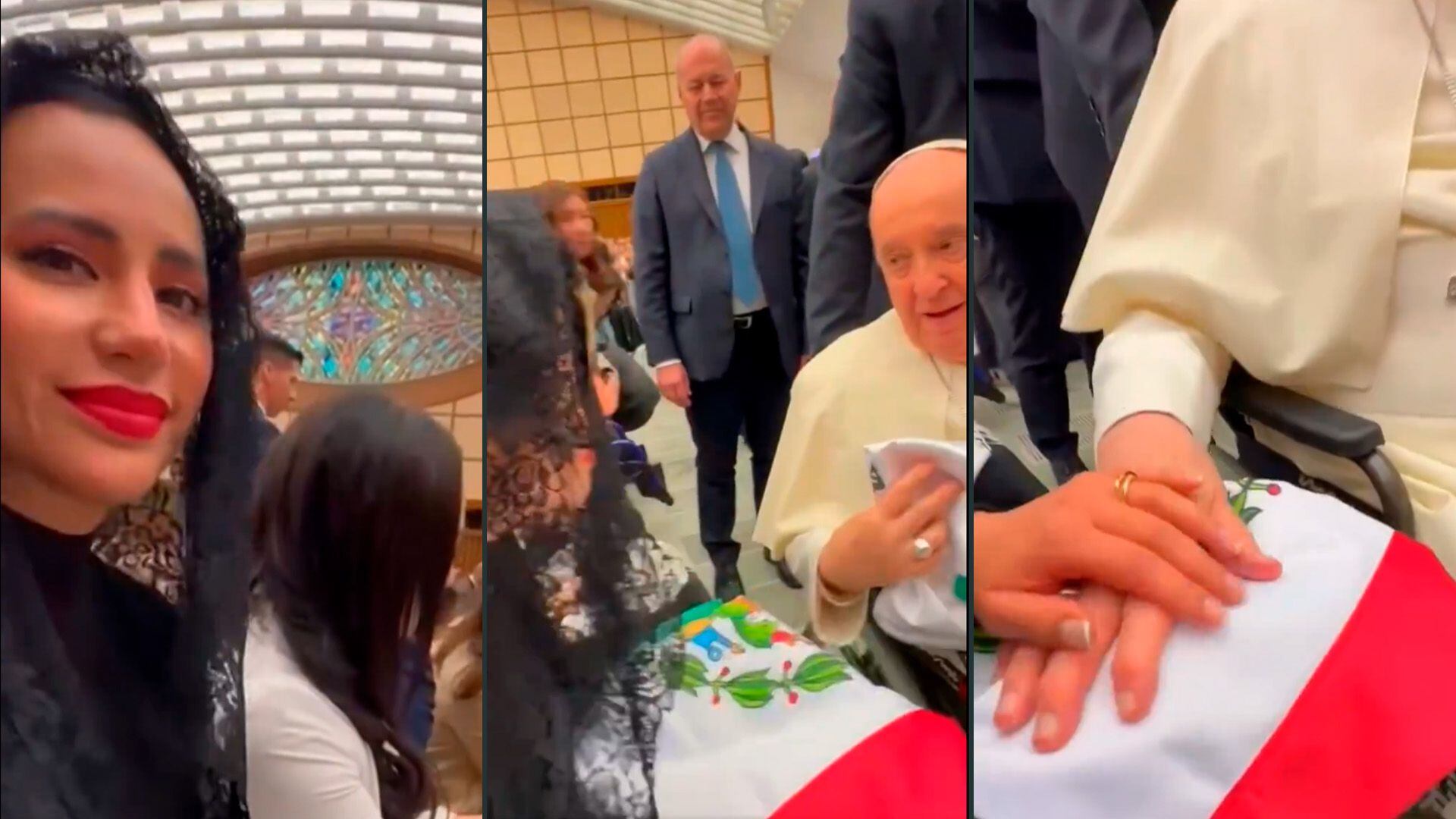 Momento en que Sandra Cuevas saludó al Papa Francisco