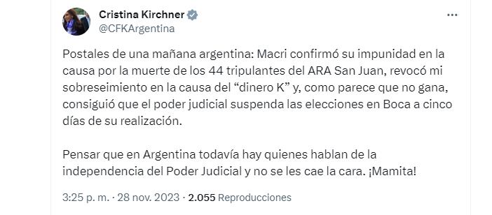 El tuit de CFK sobre la anulación de su sobreseimiento en la causa por lavado de dinero