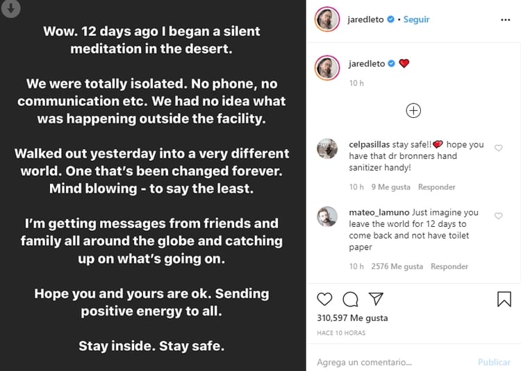 El mensaje de Jared Leto confirmando que no estaba al tanto de la pandemia de coronavirus