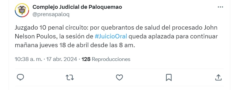 Circuito penal de Paloquemao confirmó reprogramación de juicio oral contra John Poulos por feminicidio - crédito @prensapaloq/X