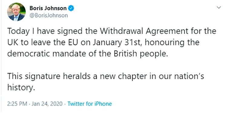 El tuit de Boris Johnson anunciando la firma