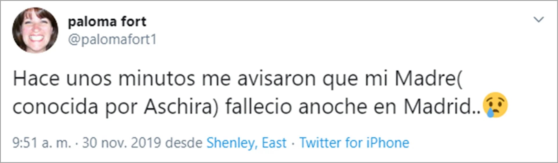 El mensaje de Paloma Fort por el fallecimiento de Aschira (Twitter)
