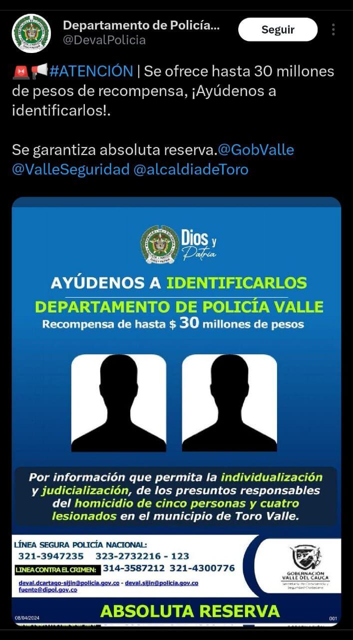 Autoridades ofrecen recompensa para dar con los responsables del crimen - crédito @DevalPolicia / X