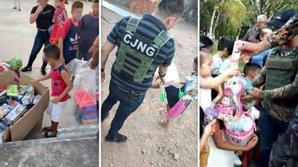 Miembros del Cartel Jalisco Nueva Generación repartiendo comida en Michoachán durante los meses de confinamiento por el coronavirus. (Foto: Twitter/VÍA UnidadDeInteli1)