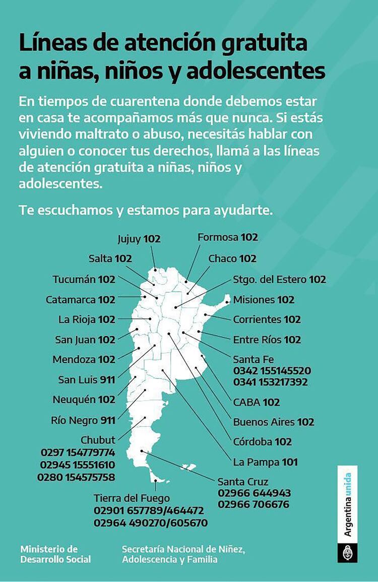 El 102 es el número para pedir ayuda en casos de abuso y maltrato contra niñas, niños y adolescentes. Funciona en 17 provincias: en el mapa, los números vigentes en las otras. 